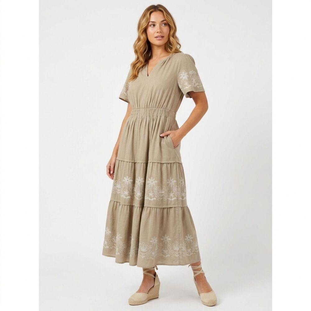 NWT Polagram Maxi Dress Women Sz 2XL Beige V-Neck Short Sleeve Embroidered Boho